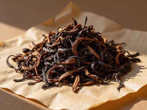 武夷山大红袍茶叶特写,条索紧结,色泽乌润,摆放在竹制茶盒中,背景为茶山