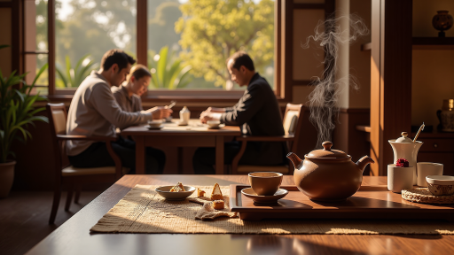 茶文化活动现场，多位参与者围坐品茶，桌上摆放着精美茶具，背景有书法作品