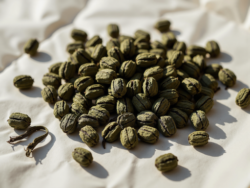 安溪铁观音茶叶特写,颗粒紧结,色泽砂绿,摆放在白色茶盘上,背景虚化